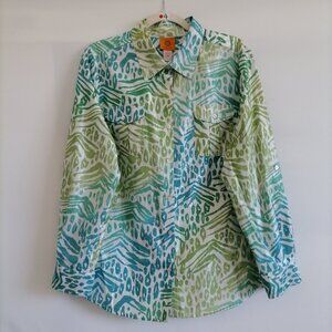 Ruby Rd. Womens Green Teal Animal Print Metallic Button Up Blouse Size 14